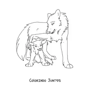 Desenho para colorir de um filhote de lobo com sua mamae