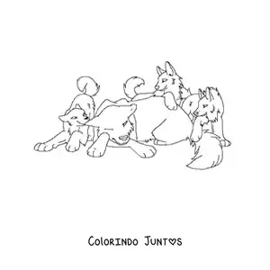 Desenho para colorir de uma alcateia de filhotes de lobos animados