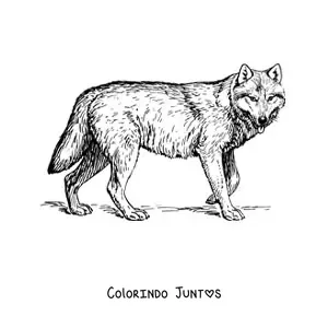 Desenho para colorir de um lobo realista caminhando para a direita