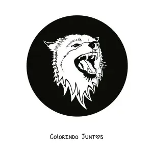 Desenho para colorir de uma cabeca de lobo feroz dentro de um circulo