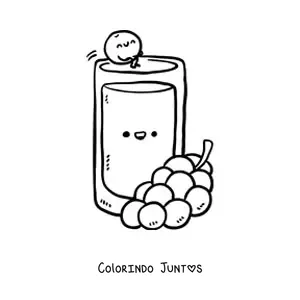 Desenho para colorir de um copo com suco de uva e uvas kawaii