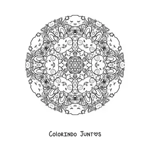 Desenho para colorir de mandala de coelhos e estrelas para crianças do fundamental