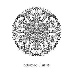 Desenho para colorir de mandala de ratinhos e bolos para crianças do ensino fundamental