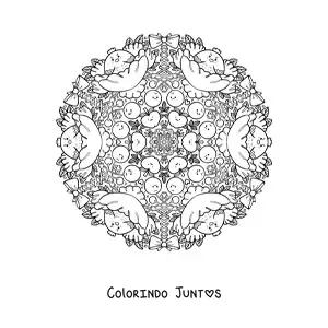 Desenho para colorir de mandala de galinhas e frutas para crianças do ensino fundamental