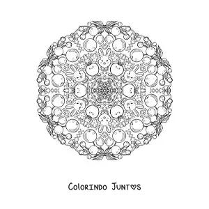 Desenho para colorir de mandala de coelhos e frutas para crianças