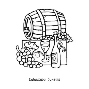 Desenho para colorir de várias uvas ao lado de um barril e uma garrafa de vinho