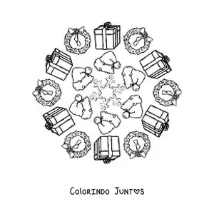 Desenho para colorir de mandala de presentes e gorros de Natal para crianças