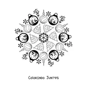 Desenho para colorir de mandala de bolas e árvores de Natal para crianças
