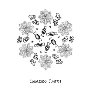 Desenho para colorir de mandala de doces e luvas de Natal para crianças
