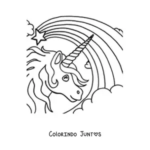 Desenho para colorir da cabeça de um unicórnio com um arco-íris ao fundo