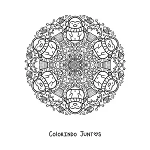Desenho para colorir de mandala de Natal com pinguins kawaii