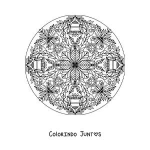 Desenho para colorir de mandala de Natal com sinos e flores