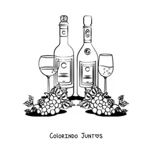 Desenho para colorir de várias uvas ao lado de duas garrafas e duas taças de vinho
