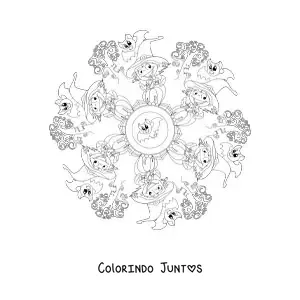 Desenho para colorir de mandala de Halloween com bruxa e morcegos