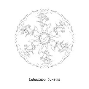 Desenho para colorir de mandala de Halloween com bruxa e morcegos