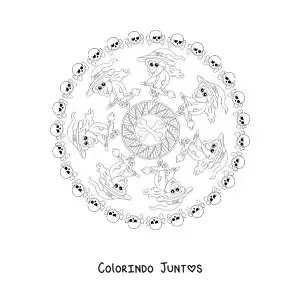 Desenho para colorir de mandala de Halloween com bruxa e caveiras