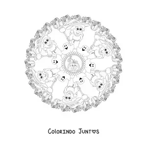 Desenho para colorir de mandala de Halloween com bruxa e fantasmas