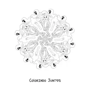 Desenho para colorir de mandala de Halloween com gato e fantasmas