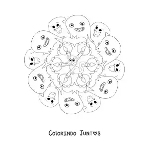 Desenho para colorir de mandala de Halloween com gato e fantasmas