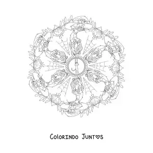 Desenho para colorir de mandala de Halloween com gato e teias de aranha