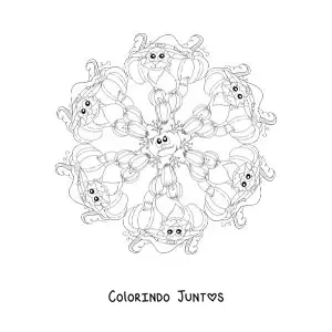 Desenho para colorir de mandala de Halloween com gato e abóboras