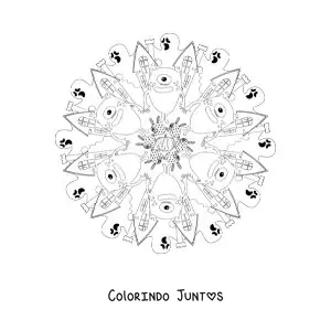 Desenho para colorir de mandala de Halloween com monstro e casa mal-assombrada