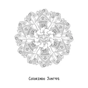 Desenho para colorir de mandala de Halloween com casa mal-assombrada e abóboras