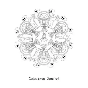 Desenho para colorir de mandala de Halloween com casa mal-assombrada e fantasmas