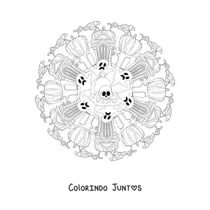 Desenho para colorir de mandala de Halloween com casa mal-assombrada e caveira