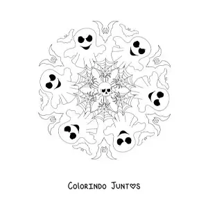 Desenho para colorir de mandala de Halloween com morcegos e fantasmas