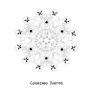 Desenho para colorir de mandala de Halloween com monstros e fantasmas