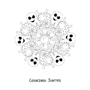 Desenho para colorir de mandala de Halloween com monstros e fantasmas