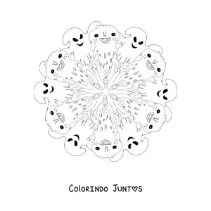 Desenho para colorir de mandala de Halloween com monstros e fantasmas