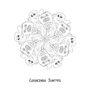 Desenho para colorir de mandala de Halloween com monstros e fantasmas