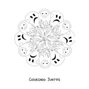 Desenho para colorir de mandala de Halloween com fantasmas