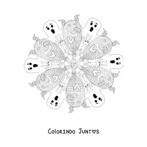 Desenho para colorir de mandala de Halloween com fantasmas