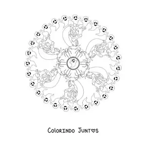 Desenho para colorir de mandala de Halloween com gato e corujas