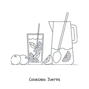 Desenho para colorir de uma jarra e um copo com limonada e limões