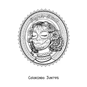 Desenho para colorir de linda catrina realista com fundo de mandala