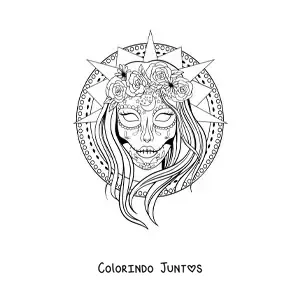 Desenho para colorir de linda catrina realista com fundo de mandala
