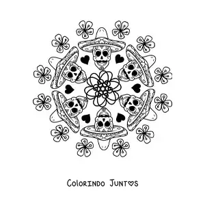 Desenho para colorir de mandala de caveiras mexicanas