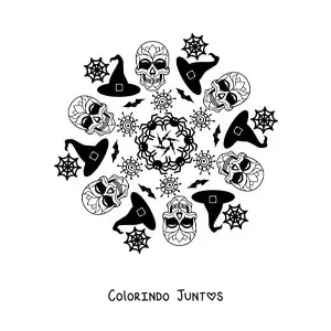 Desenho para colorir de mandala de caveiras de Halloween