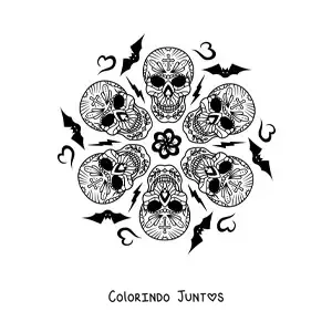 Desenho para colorir de mandala de caveiras de Halloween