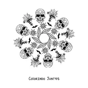 Desenho para colorir de mandala de caveiras de Halloween