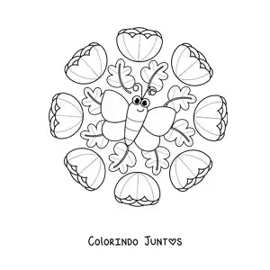 Desenho para colorir de mandala kawaii de borboleta e flores