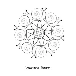 Desenho para colorir de mandala kawaii de caracóis e uma flor