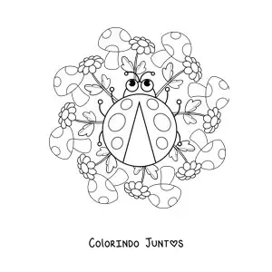Desenho para colorir de mandala kawaii de joaninha com cogumelos e flores