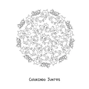 Desenho para colorir de mandala kawaii de unicórnios com flores e estrelas