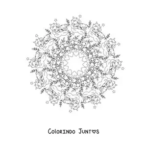 Desenho para colorir de mandala kawaii de unicórnios com flores e corações