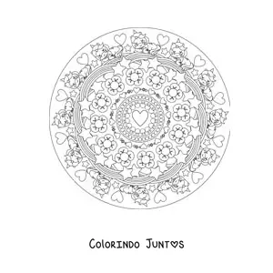 Desenho para colorir de mandala kawaii de unicórnios com flores corações e estrelas